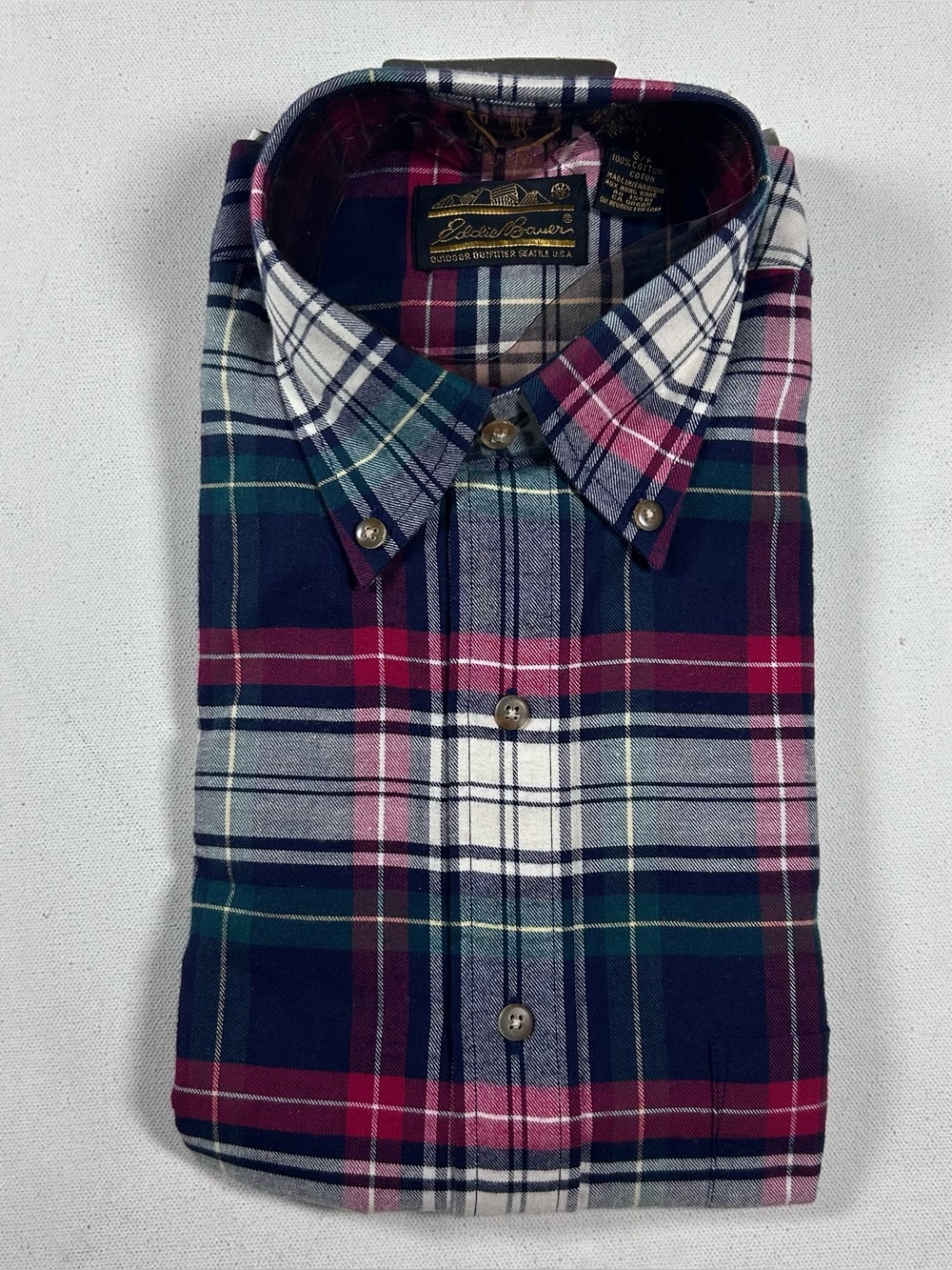 EDDIE BAUER Men's Small Green Blue Red Flannel Button Up Shirt Vintage 90s NWT -